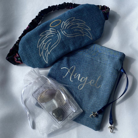 Denim Angel Wings Sleep Mask, Pouch and Crystals