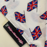 Fabric with Union Jack designs and a branded label on a white background