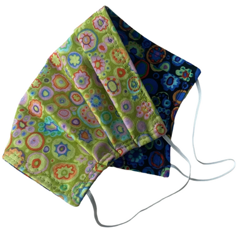 Two patterned face masks on a white background