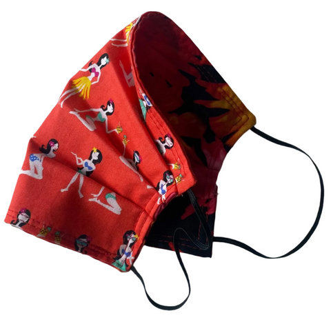 Red fabric face mask with black strap on a white background