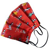 Red face mask with colorful patterns on a white background