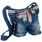 Blue denim bag with colorful belt
