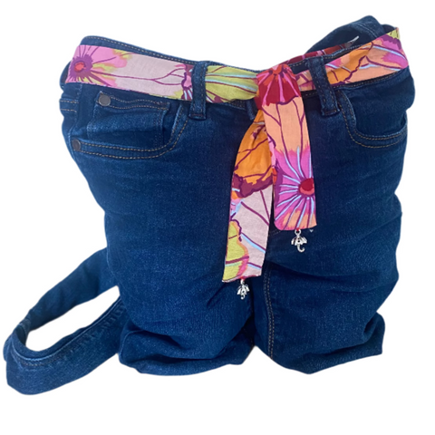 Upcycled Jeans Bag Multi Lotus Flower Fabric Belt