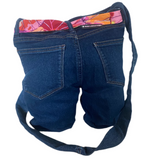 Upcycled Jeans Bag Multi Lotus Flower Fabric Belt