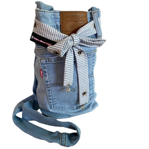 Upcycled denim bag with a bee print striped fabric belt
