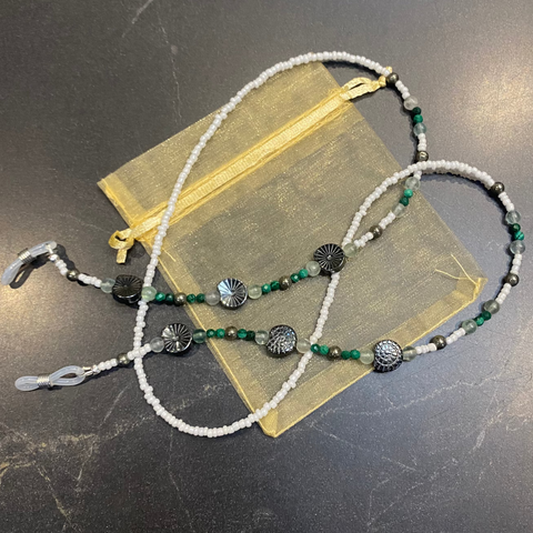 Glasses Chain Hematite and White Beads