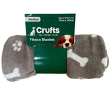Gray fleece blanket with paw and bone patterns and a green 'Crafts' branded package on a white background.