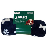 Navy and white fleece blanket with paw prints and bones, featuring a Crufts label on a white background.