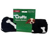Dog fleece blanket with bone design in packaging on a white background