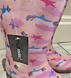 Pink rain boots with star and rainbow pattern and Mudrocks label.
